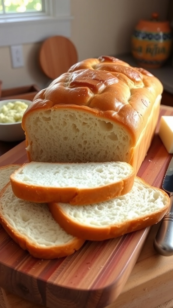 Homemade Simple Sandwich Bread Recipe Freshly baked homemade sandwich bread loaf on a cutting board, sliced to show soft texture.